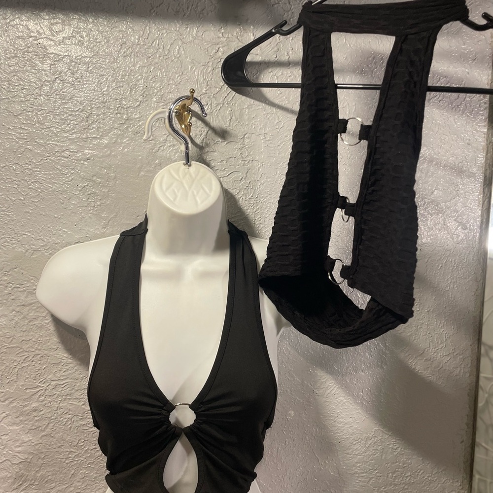 Two Black Halter Tops with silver metal ring accents  Detail Goth Dance
